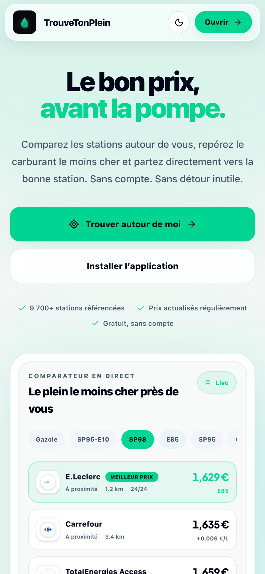Version mobile du projet TrouveTonPlein
